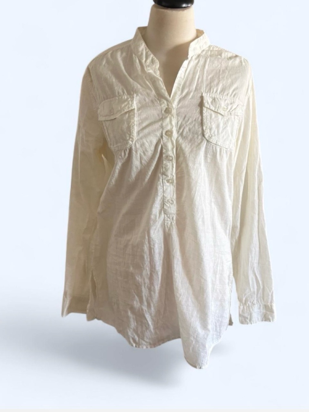 Johnny Cotton White Slub Cotton Henley Utility Blouse Size 4